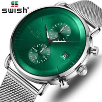 swish new fashion green mens watches top brand luxury waterproof sports chronograph quartz watch men silver relogio masculino