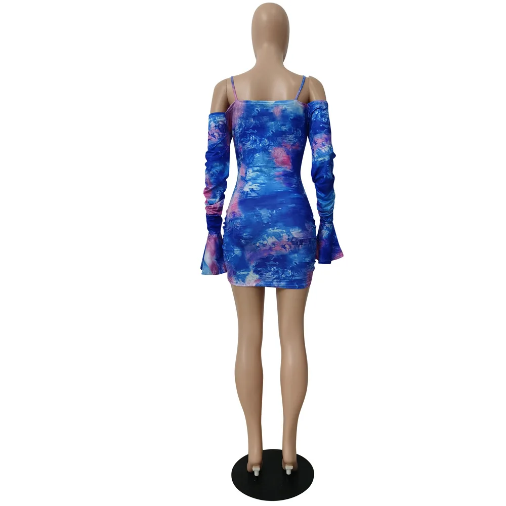 

Women Sexy Off The Shoulder Strapless Print Pleated Long Sleeve Ruffles Bodycon Party Dress Vestidos