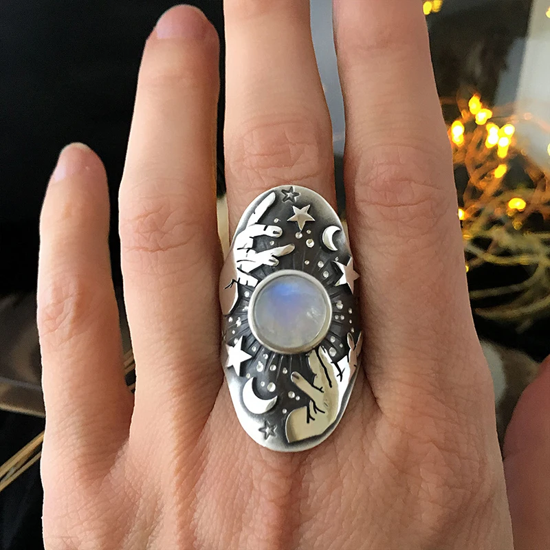 

Retro Star Moon Shaped Wedding Rings Cat Eyes Stone Antique Oval Opal FemaleWhite Resin Fashion Party Gift