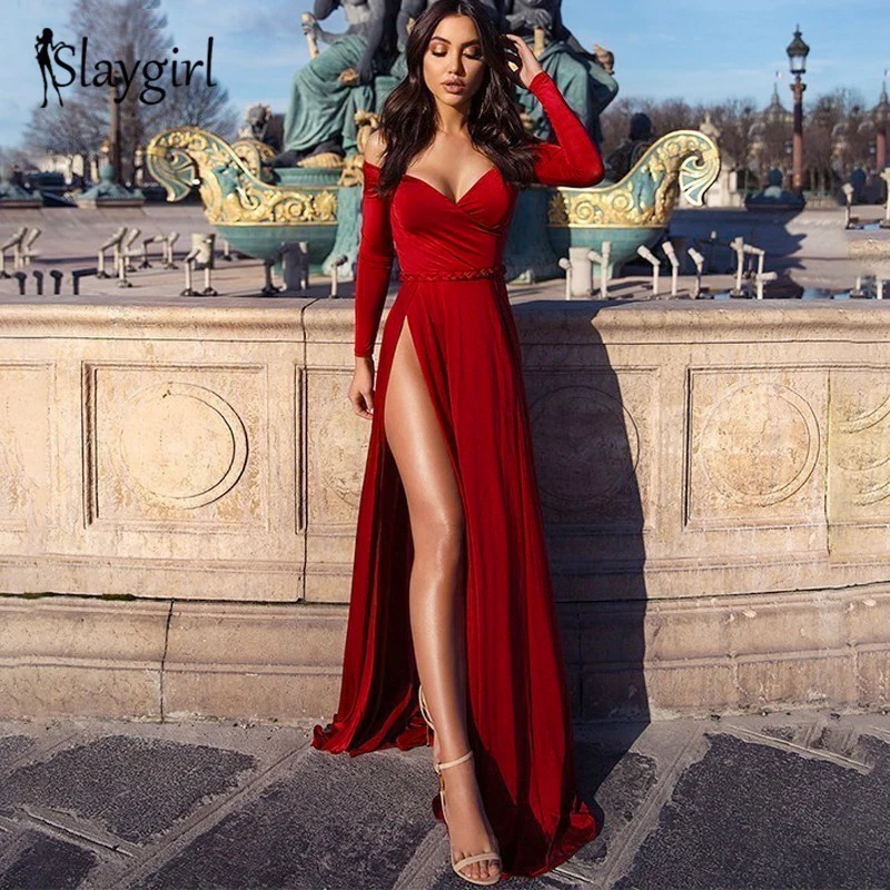 Slaygirl, с открытыми плечами, с высоким разрезом, элегантное, сексуальное платье, вечерние, макси платья, для женщин, без бретелек, весна-осень, длинное платье