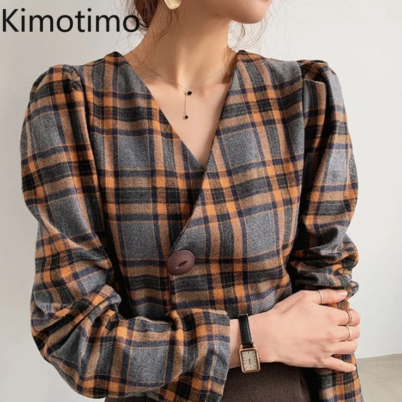 

Kimotimo Plaid Blazer Coat Women 2021 Autumn V-neck Puff Sleeve Crop Top Korean Retro OL Fashion Design Shirts All-match Jacket