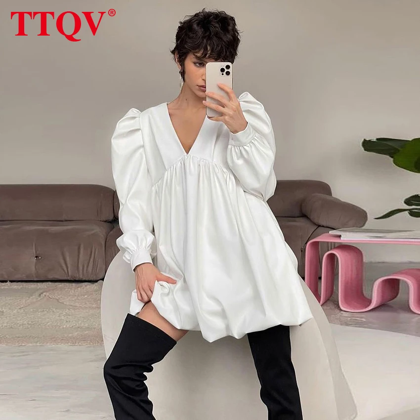 

TTQV Sexy V-Neck Pleated White Dress Women Casual Pu Leather Loose Long Sleeve Mini Dress 2022 Elegant White Female Dresses