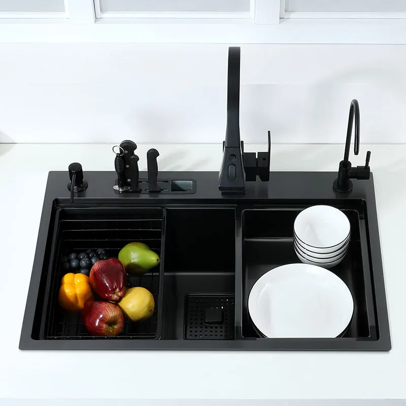 

2021 New Black Single Kitchen Sink With Knife Holder Vegetable Washing Basin With Cutting Board Stainless Steel Pia Black Sink
