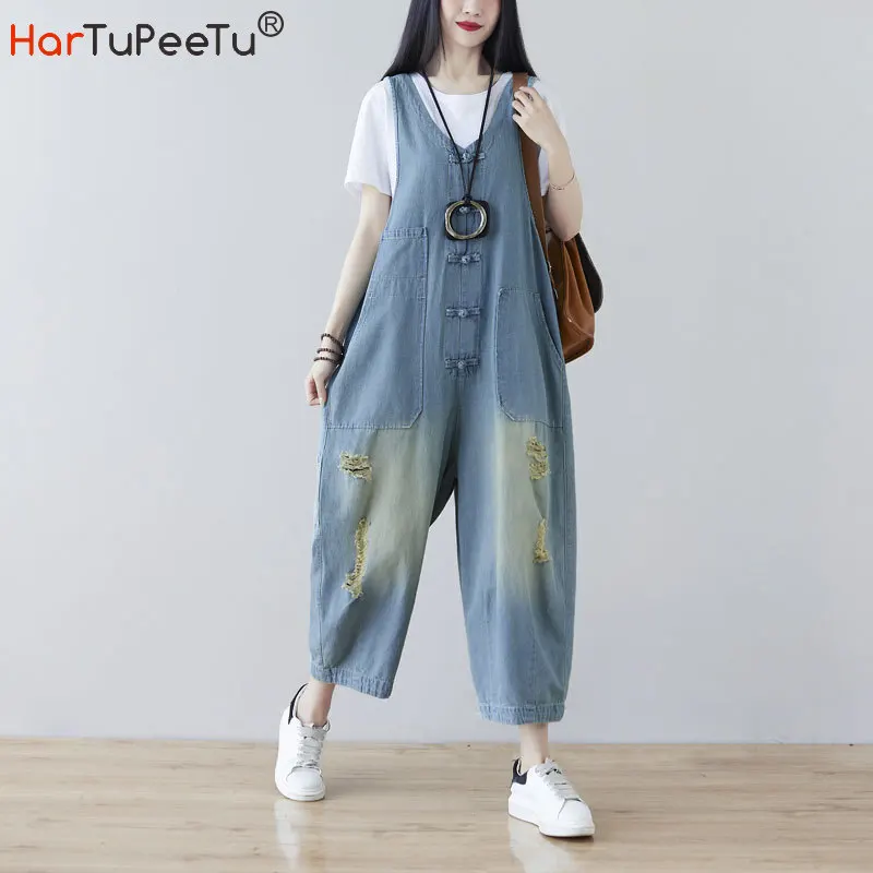 Vintage Denim Cotton Jumpsuit Women Summer 2021 Oversize Thin Chinese Style Wide Leg Bib Pants Ripped Holes Loose Washed Trouser