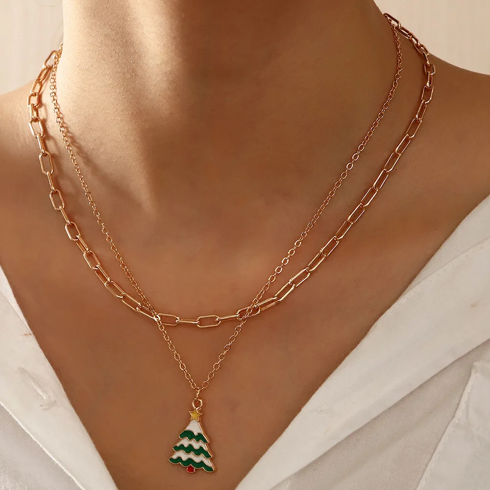 

New Arrival Holiday Jewelry Double Layer Chain Neck Chain Necklace Bell Snowflake Christmas Trees Pendant Necklaces For Womens