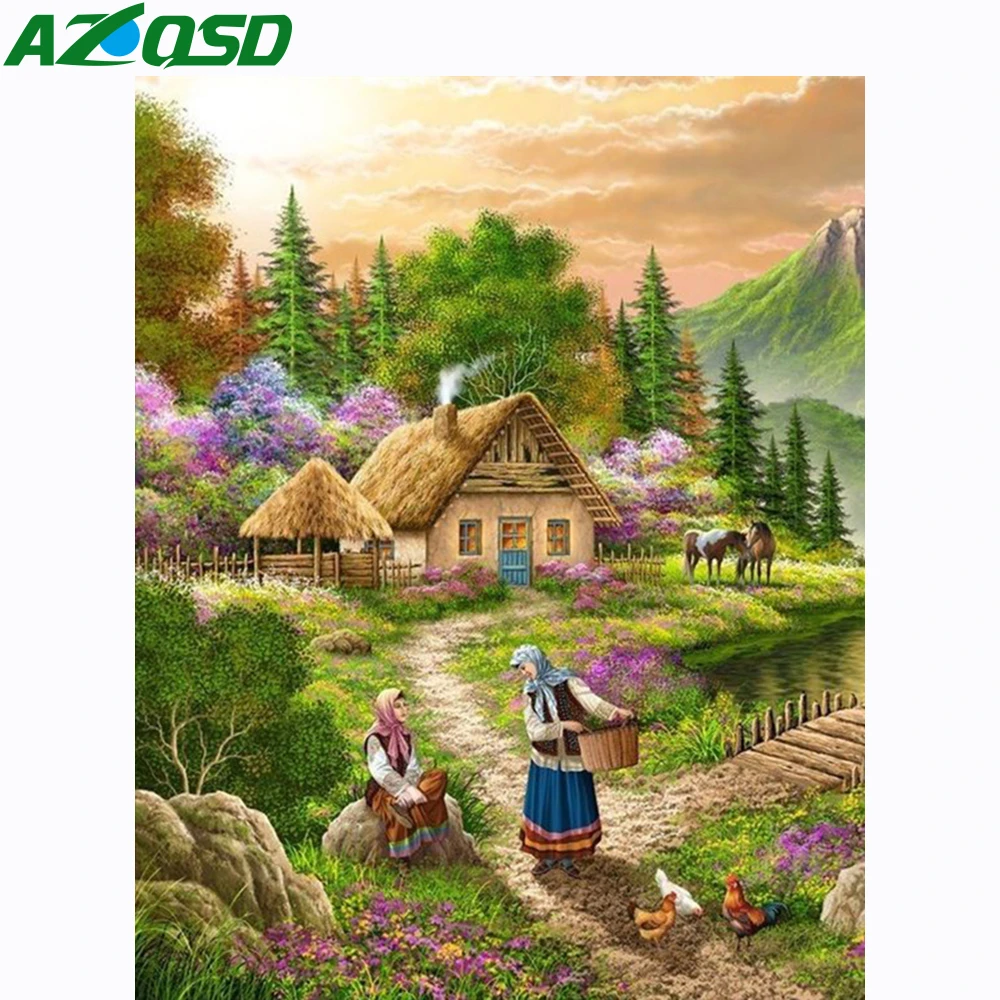 AZQSD алмазная живопись деревня Вышивка крестиком Картина Стразы домашний декор