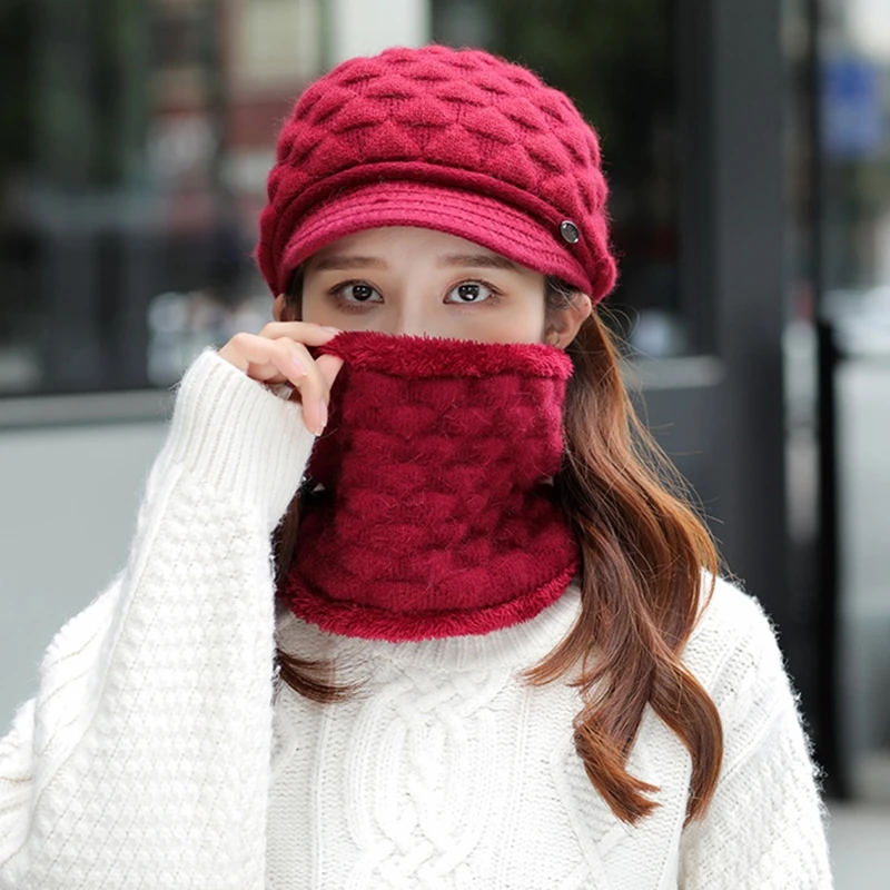 Женская зимняя шапка вязаная с козырьком круглый шарф плюшевой подкладкой A0NF 2