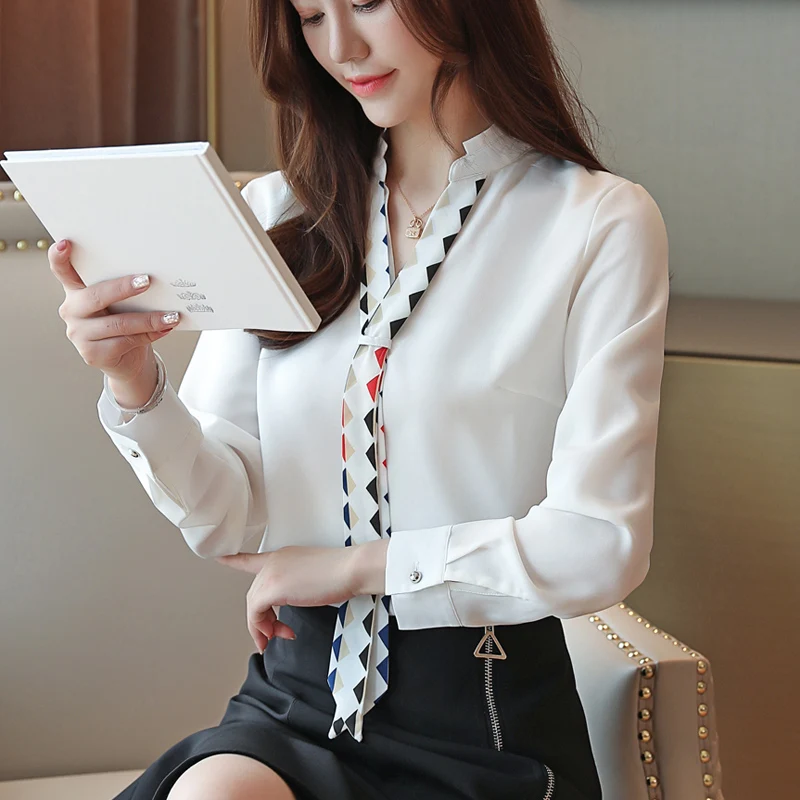 Dingaozlz blusa feminina Elegant Chiffon shirt Long sleeve Ladies blouse Red White Office lady shirt Patchwork Women Tops