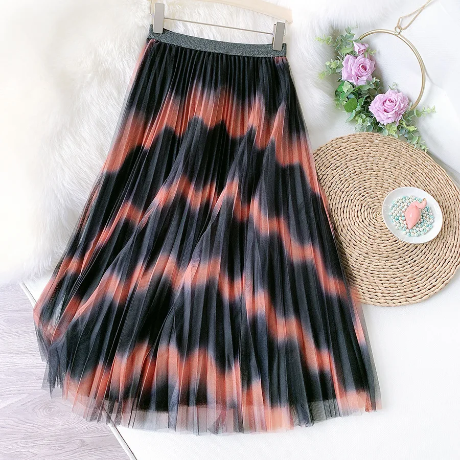 

Retro Gradient Mesh Skirts 2021 New Ink Print Elegant Slim Big Swing Pleated Skirt Patchwork A-Line Midi Saias Skirt