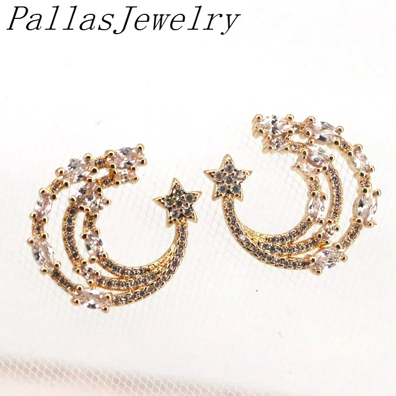 

5Pairs, 2021 Moon Stars CZ Micro Pave Earrings For Women Girl Luxury Crystal Zircon Stud Earrings Wedding Earring Jewelry
