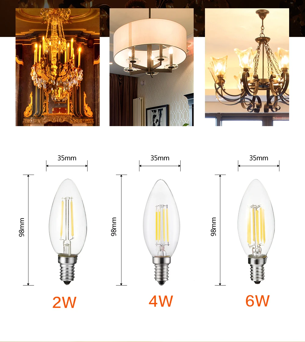 E14 Led Bulb 220v 240v 110v E12 2W 4W 6W C35 Candle Light Bulb Retro Edison Filament Lamp Chandelier Lighting Blub Home Decor