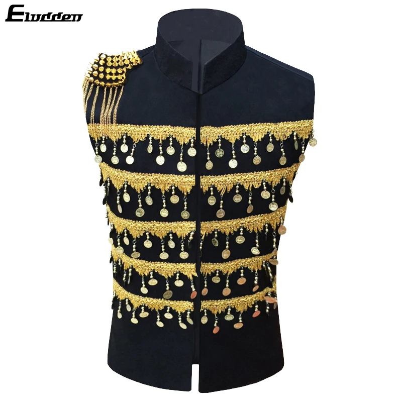 

Men's Sequins Waistcoat Glitter Performance Vest Silver Rivet Epaulet Black Golden Paillette Weskit Glitter sleeveless jacket