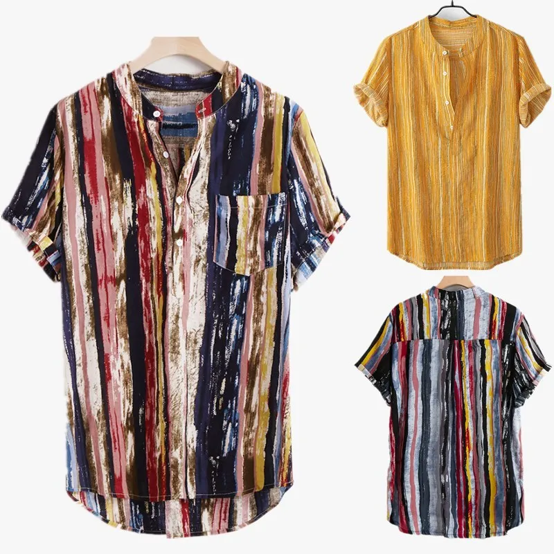 

2021 Summer Splash ink Stripe Print Men's Casual Shirts Stand-up Collar Short Sleeve Mens Loose Fashion Hawaiian Shirt M-3XL