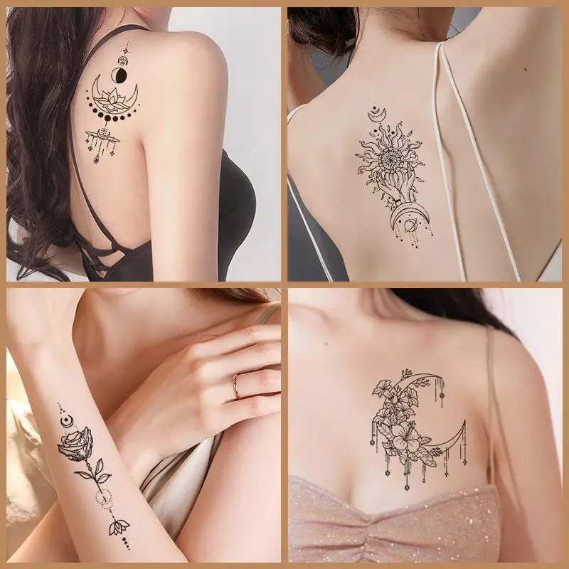 30Pcs Women's Temporary Tattoo Stickers Waterproof Lotus Moon False Tattoo Disposable Decorative Decals Human Body Art Men Women