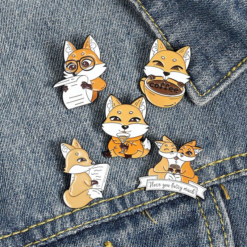 

Lapel Pin Badge Cartoon Animal Brooch Fox Pines Coffee Book Enamel Pins Brooches Women Badges for Clothes Jewelry New Year Gifts