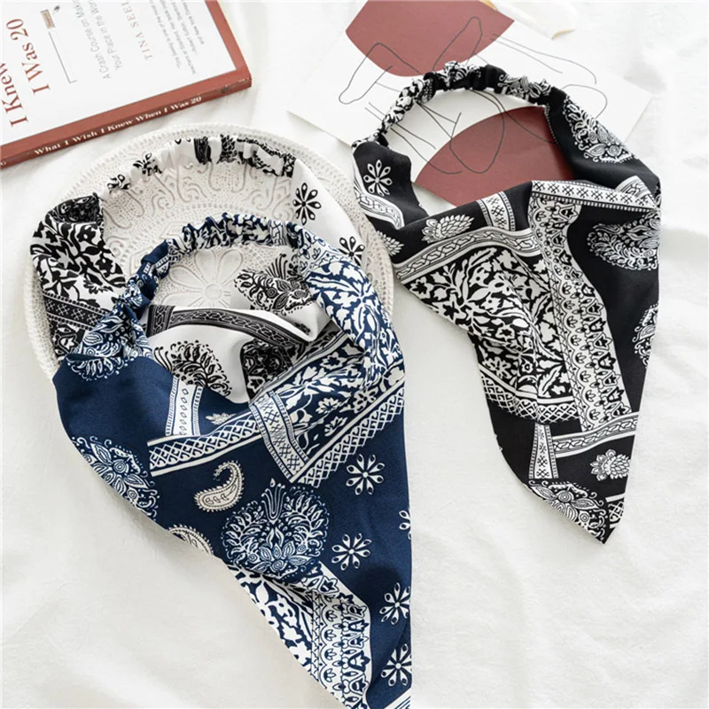 

Vintage Headscarf Flower Headband Female Hair Accessories Triangle Hair Scarf Elastic Hair Band Cute Printing Turban Headwrap