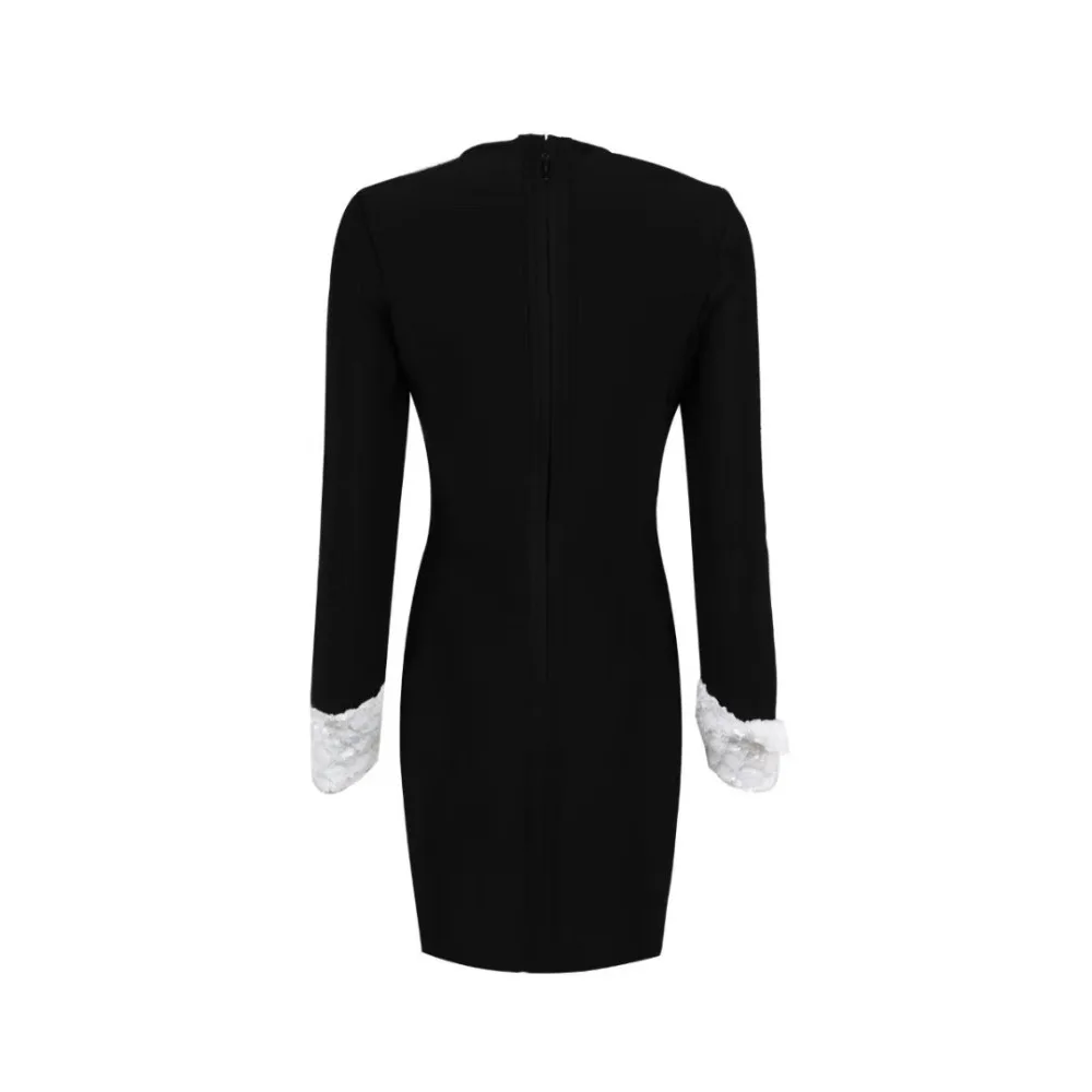 

2019 New black white round neck long sleeve sexy bodycon celebrity evening party bandage dress dropshipping