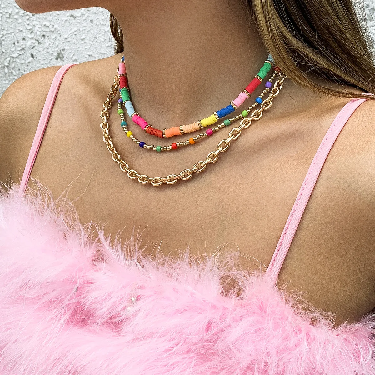 

GREEN Jewelry Vintage Midi Multi-layered Strand Necklace Set 3 Pieces Gold-plated Pearl Bohemian Colorful Bead Choker Necklace