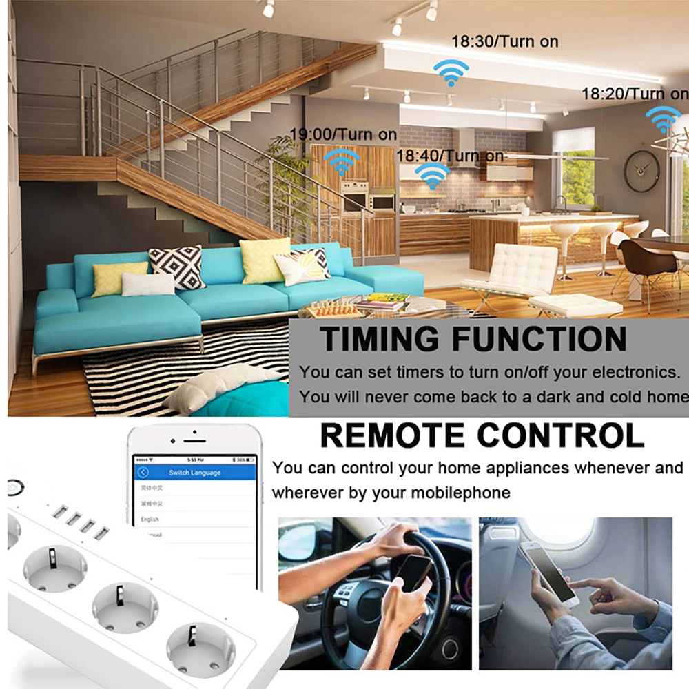 Умный удлинитель с поддержкой Wi-Fi и Alexa 4 розетки переменного тока USB-порта для