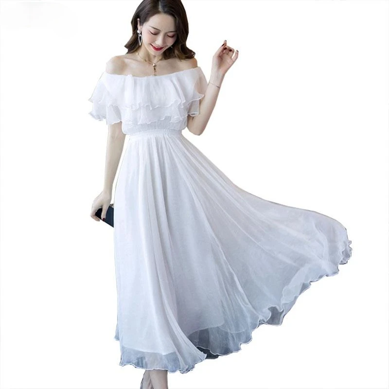 

Летние белые сетчатые платья с воротником-лодочкой, открытыми плечами и открытой спиной, Пляжное женское платье, длинное богемное Сексуаль...