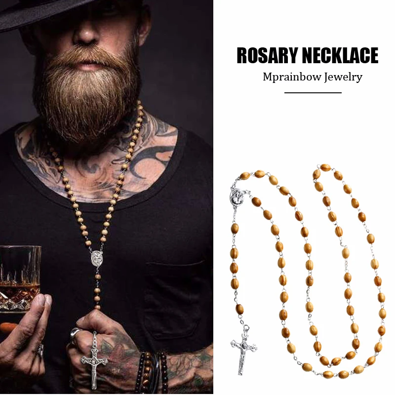 Мужское ожерелье из католического розака с деревянными бусинами в виде креста