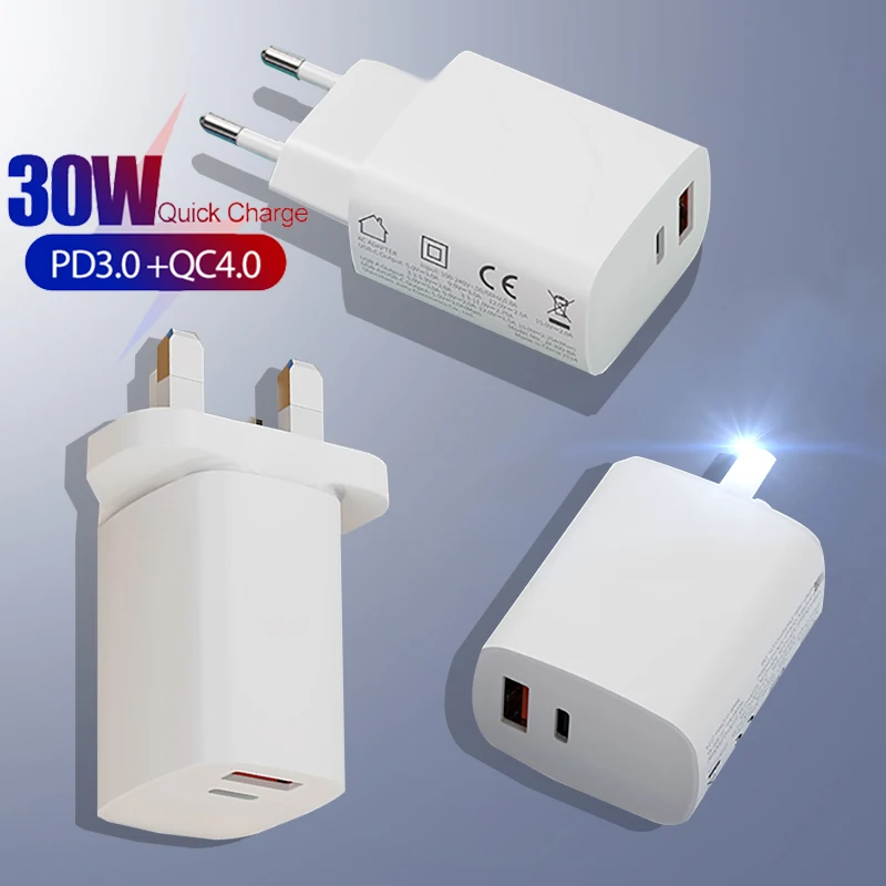 

30W Dual Port Charger Mobile Phone Wall Travel Charge Adapter Quick Charge 4.0 3.0 QC PD Plug For iPhone 12 11 Pro Max Xiaomi 11