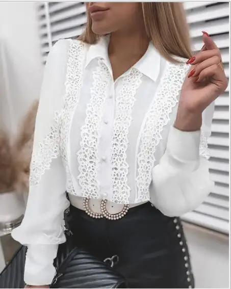 

2021 new summer fashion lace retro solid color mesh long-sleeved V-neck round neck lace buttons