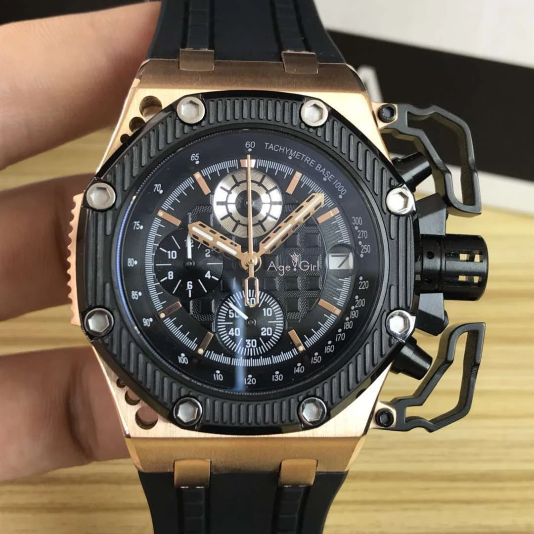 Black Bezel Роскошные брендовые новые мужские часы СЕКУНДОМЕР САПФИР из нержавеющей стали 904L хронограф часы розовое золото черный резиновый спорт 45 мм AAA - Цвет: Black Bezel