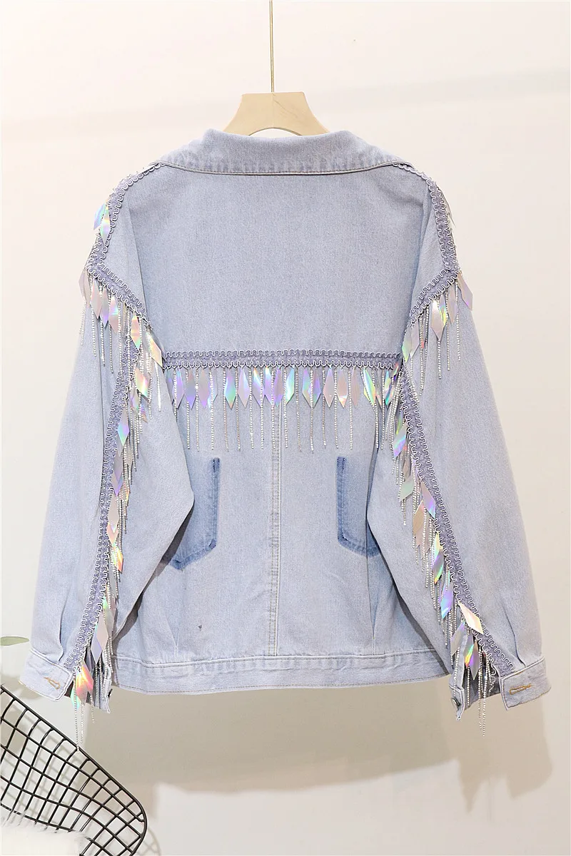 

2020 Casual Rushed Jacket Sale Bomber Jaquetas Feminino Casaco Jeans Women Back Heavy Work Sequins Fringed Rhinestone Female