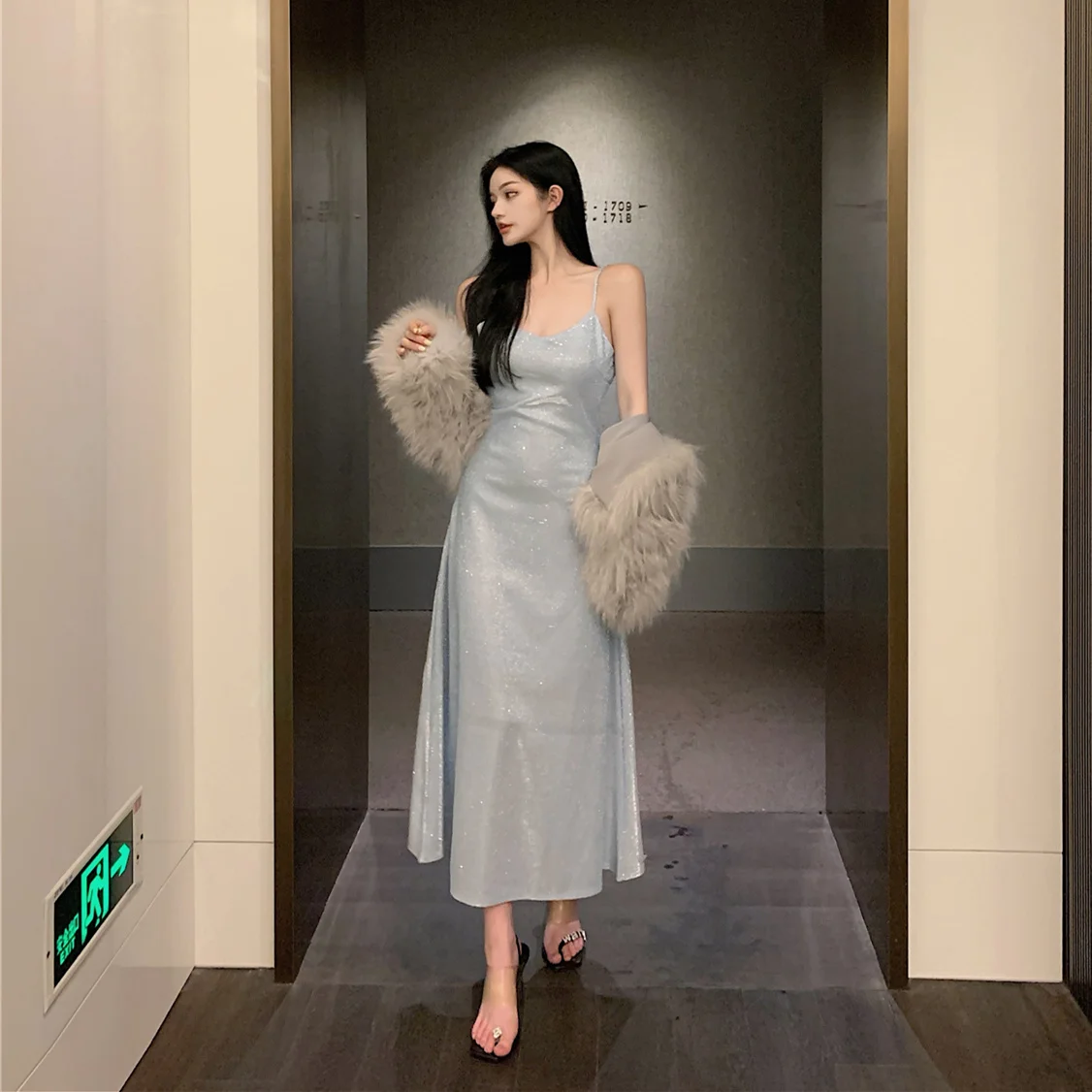 

Shiny Slip Dress 2021 Summer Sexy Slim Fit Dress Mid-Length Elegant French Style Dress Women's Clothing