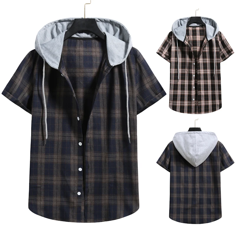 2021 Summen  Mens Shirts  Casual Plaid Pattern Loose Hooded  Plaid Shirt