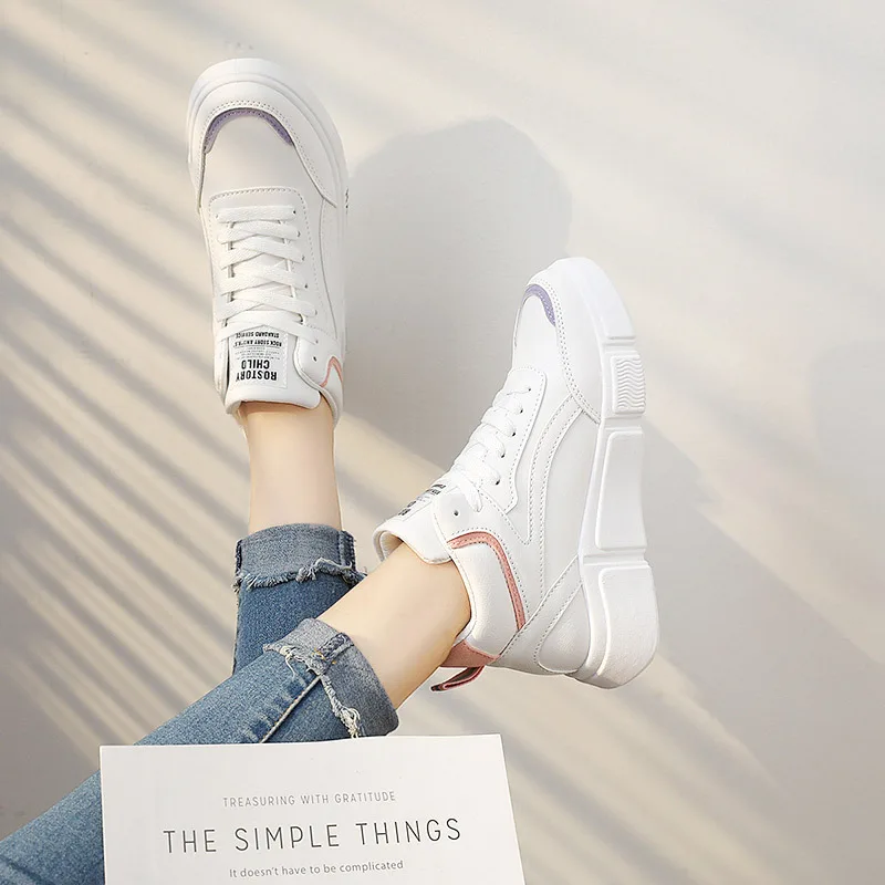 

2021 Spring Lace Up Casual Shoes Women Platform Sneakers Korean Fashion PU Leather Trainers Womens Chunky Sneakers Tenis Female