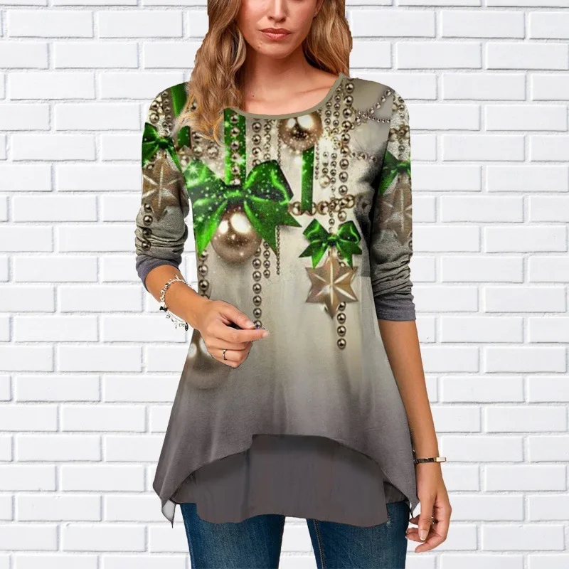 

New Christmas Print Long Sleeve Women Blouse Shirt Casual Loose Plus Size Digital Print Pullover Top Fashion Ladies Party Shirts