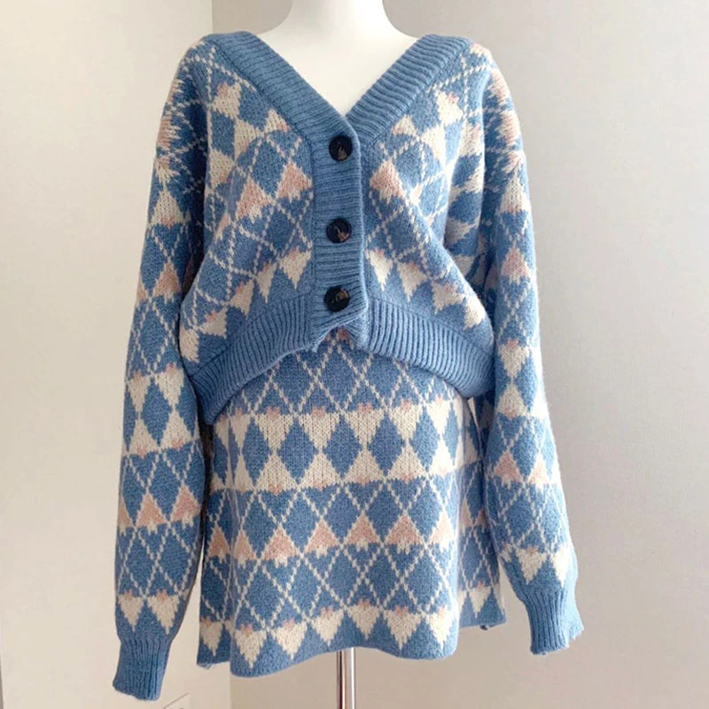 

2021 Autumn Knitted Sweater Sets Skirt Women Warm Sweaters Two Pieces with skirts Cardigans Poncho Femme Women Tricot Pull Femme