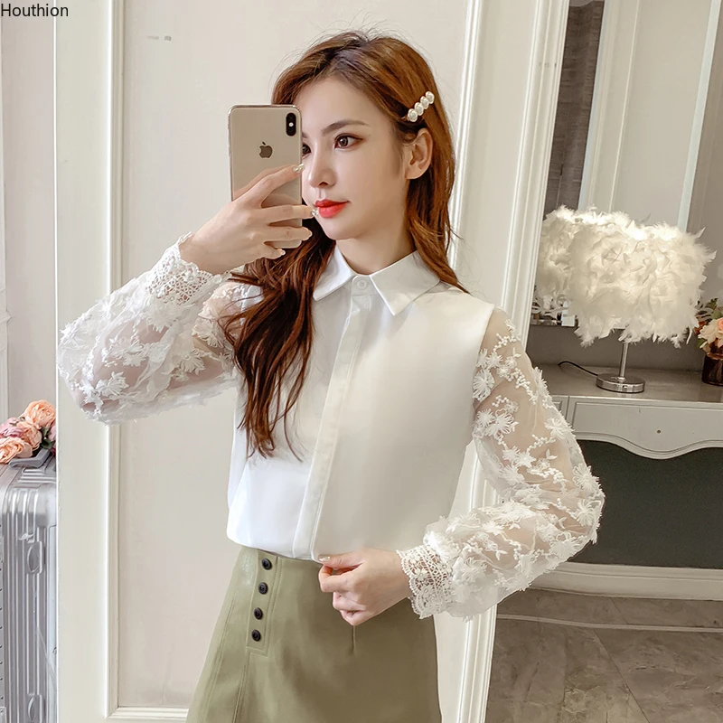 

Шифоновые свободные женские рубашки, новая модная Ретро-блузка, повседневные кружевные рубашки с длинным рукавом, рубашка-поло с воротнико...