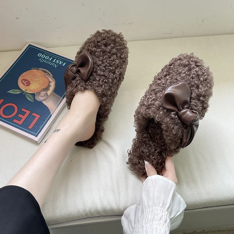 Baotou Slippers Women's Outer Wear Spring, Autumn and Winter Lamb Hair All-match Fashion Sandals Plush Flat Bow Hairy Shoes