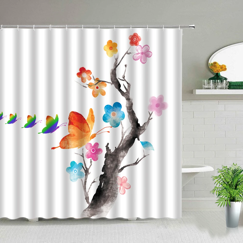 

Chinese Style Green Bamboo Flower Scenery Shower Curtains Plant Floral Butterfly Bird Bathtub Waterproof Bath Curtain With Hooks