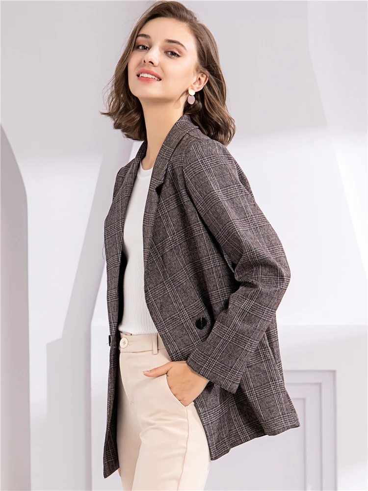 

New 2021 Autumn Winter Women's Blazers Plaid Double Breasted Pockets Formal Jackets Checkered Outerwear Tops