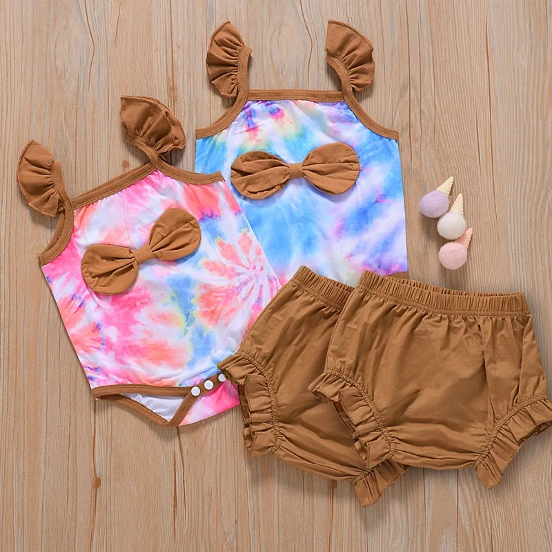 

Baby Girl Clothes Set Sleeveless Tie Dyed Pullover Romper + Shorts Set Toddler Girl Outfit Baby Girl Smmer Clothes 2021