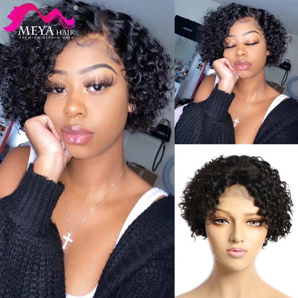 MEYA Pixie Cut Wig For Women Pixie Wig Human Hair Pre Plucked Bleached Knots Short Water Wave Bob Lace Font Wig 150% Virgin Remy