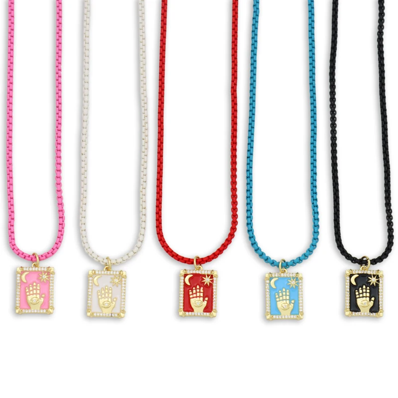 

Geometric Fatima Hand Evil Eye Chain Necklace for Women's Colorful Crystal Moon and Sun Jewlery collier main de fatma