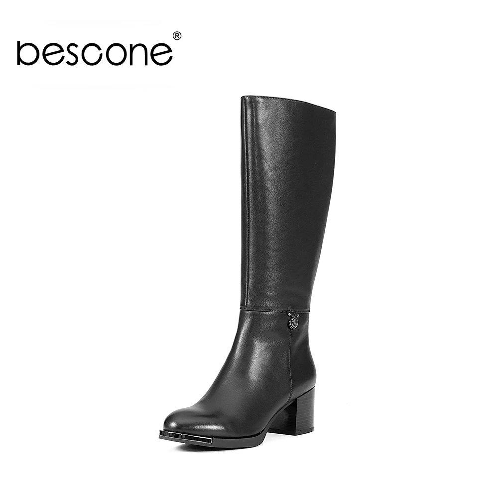 BESCONE/женские сапоги из натуральной кожи Высококачественные до колена с круглым