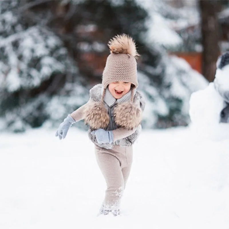 Детская шапочка вязаная шерстяная с помпонами из настоящего лисицы модные