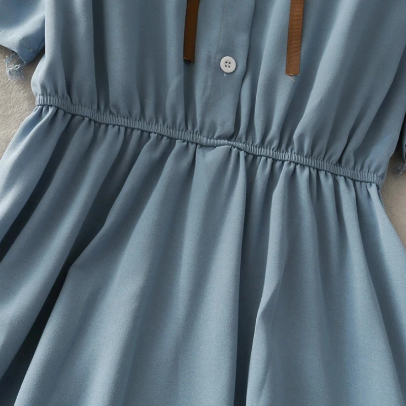 

2021 Dress Women Chiffon Bow Solid High Waist Turn-down Collar Preppy Style Popular Temperament Girls Summer Party Dress Female