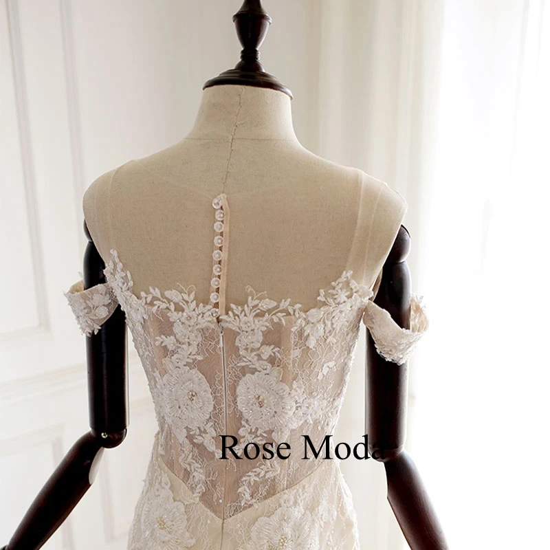 

Rose Moda Off Shoulder Lace Mermaid Wedding Dress with Beadings Custom Make