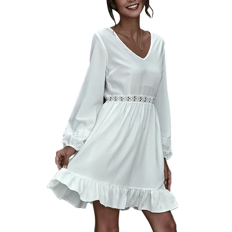 

Women Long Sleeve Ruffled High Waist Flared Business Work Plain Party Mini Dress