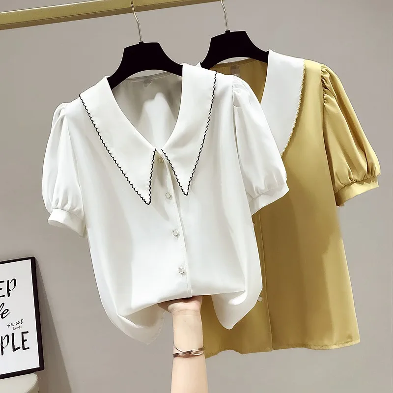 

Women Summer Chiffon Shirts New Arrival 2021 Korean Style Peter Pan Collar All-match Loose Ladies Short Sleeve Elegant Tops W378