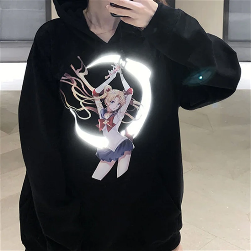 

Winter Women's Reflective Oversized Casual Hoodie Anime Girls Moon Illuminate Drop Shoulder Sweatshirt Plus Pocket Fleece Tops