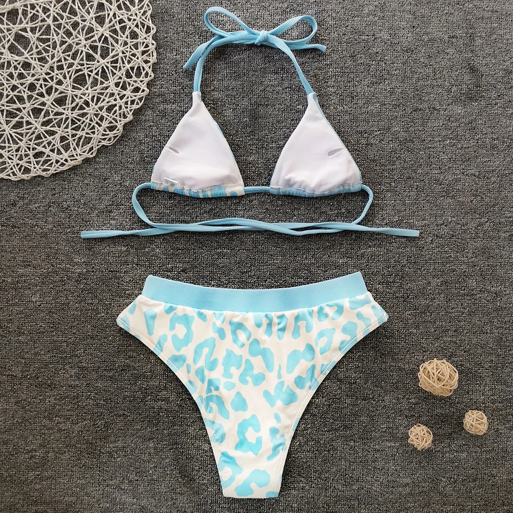 

2021 Sexy High Waist Swimsuit Women Leopard Print Bikini Swimwear Female Two Pieces Bikini Set Patchwork Bathing Suit Beachwear