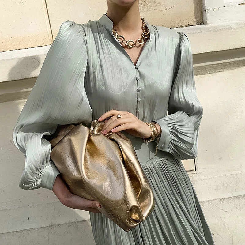 

Women Long Sleeve Satin Dress European Style Lanter Sleeve Cocktail Evening Party V-Neck Pleated Midi Dresses